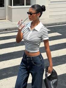 Muchica 黑白条纹针织修身女式短袖 T 恤