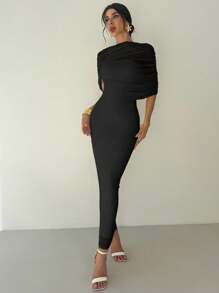 Firerie 优雅浪漫的黄色纯色荷叶边领口不对称褶皱腰身修身连衣裙，女士沙滩装，女士机场装，度假装，女士教师装，黑色连衣裙，优雅大方 - 黑色 - 查看 4