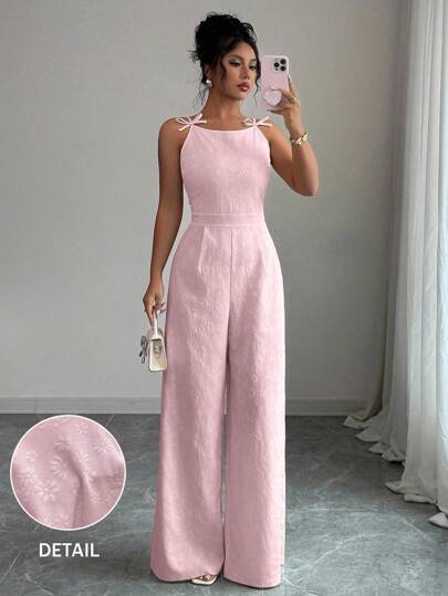 Elenzga Women's Elegant Jumpsuit With Shoulder Bow Decor, Jacquard Fabric, Cinched Waist, Wide Leg, Suitable For Daily Commute