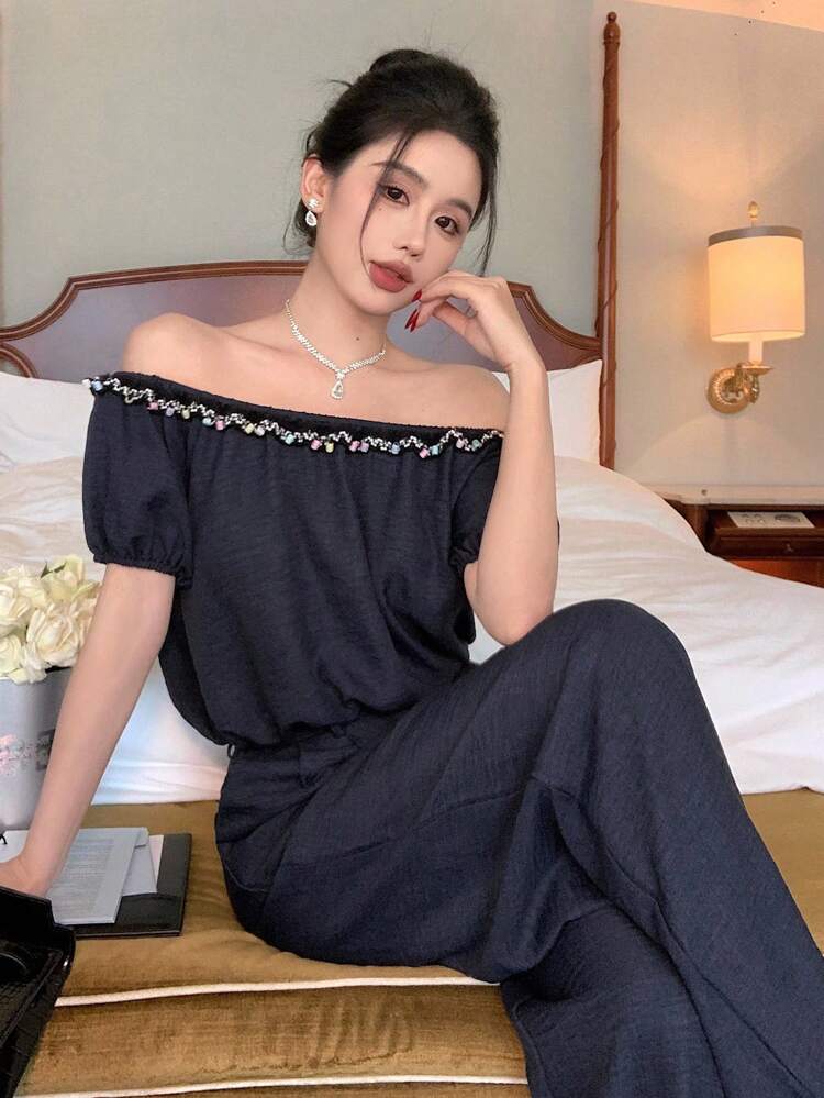 2pcs Women Casual Beaded Off Shoulder Crop Top And Straight Leg Pants Set, Loose Vacation Outfit, Spring/Summer
