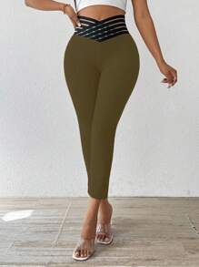 SHEIN LUNE Women's V-Waist Slim Fit Casual Summer Leggings - Army Green - View 6