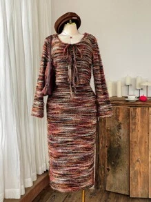 SHEIN EZwear Vintage Boho Style Colorful Striped Knit Spaghetti Strap Maxi Dress And Tie-Up Cardigan Set, Plus Size - Multicolor - View 4