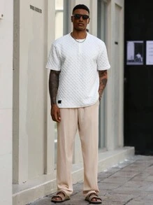 Manfinity Homme 男士休闲纯色抽绳腰裤男人造丝裤子男宽松裤子奶油色裤子男 - 卡其色 - 查看 3