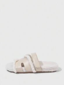 HighSole 休闲时尚百搭露趾毛绒拖鞋 - 米色 - 查看 6