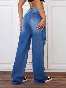 SHEIN ICON Gerade geschnittene Jeans in Große Größen für Damen mit Destroyed-Effekt, Streetstyle für den Sommer - Mittele Waschung - Übersicht 3