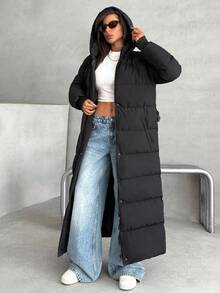 EURMUSE Women Hooded Belt Detailed Padded Long Winter Coat