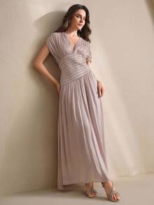 Anewsta Women's V-Neck Short Sleeve Beaded Chain Pleated Waist Elegant Long Dress, Summer - Dusty Purple - View 3