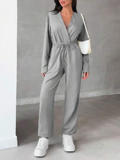 EURMUSE Women's Solid Color Drawstring Waist Crossed Wrap Jumpsuit
