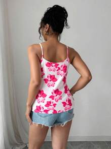 SHEIN LUNE 度假休闲花卉印花拼接蕾丝吊带背心上衣图案T恤女式上衣 - 紅色 - 查看 2