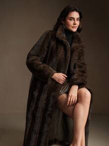 Anewsta 奢华复古人造毛皮长袖直腰系带修身冬季外套夹克 - 棕色 - 查看 6