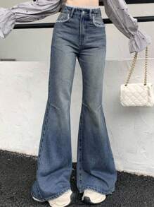 DAZY Women's Flare Jeans With Lace Splice - Medium Wash - View 1