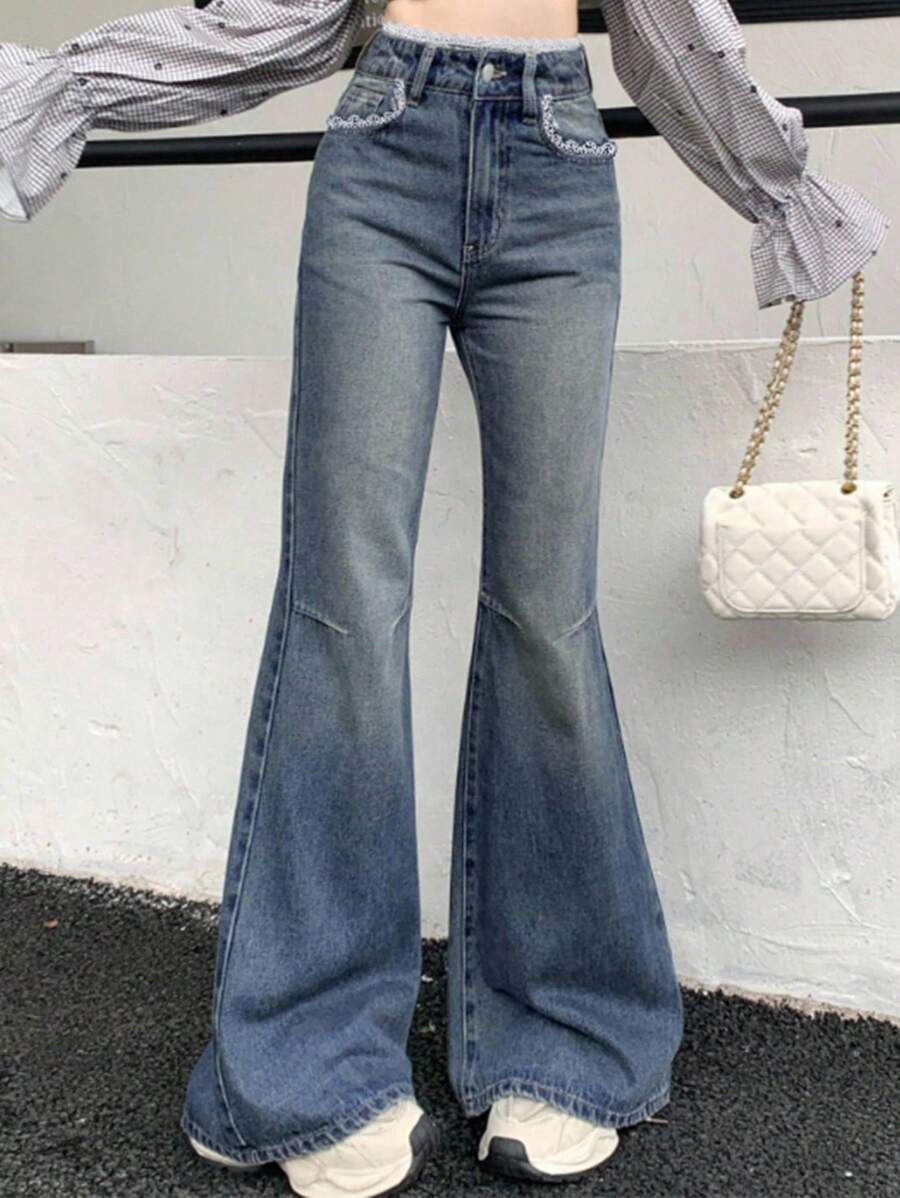 DAZY Women's Flare Jeans With Lace Splice - Medium Wash - View 1