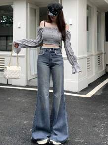 DAZY Women's Flare Jeans With Lace Splice - Medium Wash - View 4