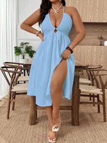 EMERY ROSE Váy maxi hở lưng màu trơn gợi cảm cỡ lớn cho nữ, đi nghỉ - Màu xanh lam - Xem 1