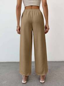 EURMUSE Pantaloni casual da donna in cotone di taglia piccola, con nodo, monocolore - Moka Marrone - Visualizzare 2