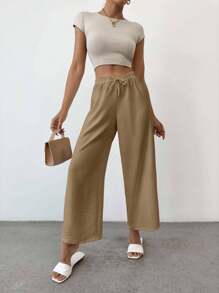EURMUSE Pantaloni casual da donna in cotone di taglia piccola, con nodo, monocolore - Moka Marrone - Visualizzare 3