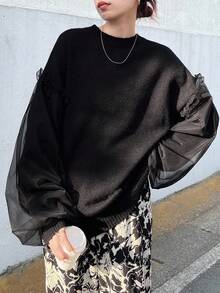 FRIFUL Women's Round Neck Loose Mesh Patchwork Casual Loose Sleeve Frill Trim Sweater, Halloween Costume, Autumn - Black - View 3
