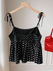 SHEIN Comfortcana 黑色波点露脐吊带背心，下摆采用褶皱喇叭形设计，休闲百搭。黑色波点吊带娃娃衫。 - 黑色 - 查看 5