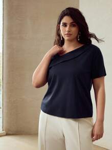 MOTF PREMIUM PLUS SIZE SOLID ASYMMETRICAL NECK SHORT SLEEVE TEE - Navy Blue - View 4