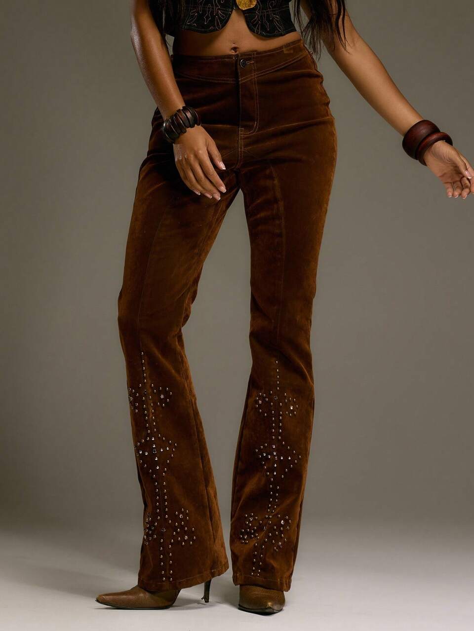 Studded Velour Flared Jeans Western Country Streetwear Festival Elegant Y2k Sexy Cute 90's Boho Midwest Work Office Winter Chic Spring Summer