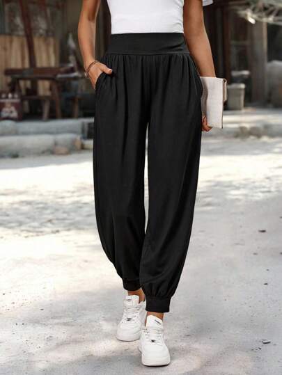EMERY ROSE Dam Enfärgade Plisserade Ficka Dragsko Lösa Casualbyxor Dam Harembyxor Lösa Byxor För Dam Byxor Med Resår i Midjan Dam Casualbyxor Dam Sommarbyxor Dam Sommarbyxor Dam Byxor Casual Harembyxor Dam Träningsbyxor Dam Svarta Byxor Baggy Byxor Höst Damkläder Tillbaka till Skolan Kläder