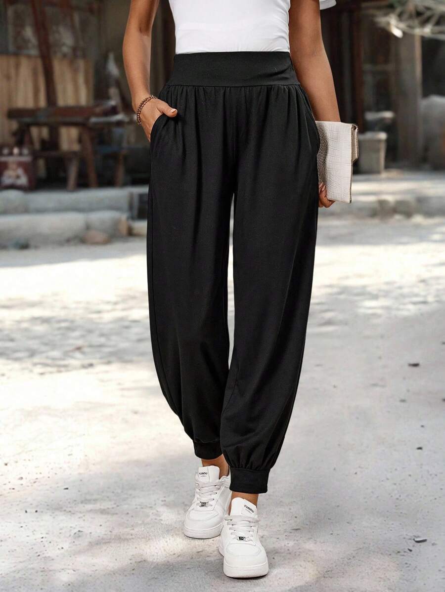 EMERY ROSE 女式纯色褶皱口袋抽绳宽松休闲裤女式哈伦裤女式宽松裤松紧腰裤女式休闲裤女式夏季裤子女式夏季裤子女式裤子休闲哈伦裤女式运动裤女式运动裤女式黑色裤子宽松裤秋季女装返校服 - 黑色 - 查看 1