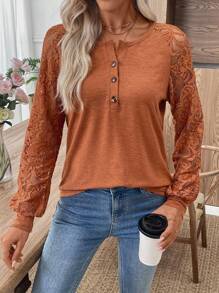 EMERY ROSE 女式撞色蕾丝插肩袖纽扣半襟休闲运动衫