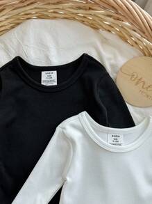 4pcs Baby Boy Snug Fit Casual Long Sleeve Top And Pants Soft Elastic Bodysuit Set - Black and White - View 5