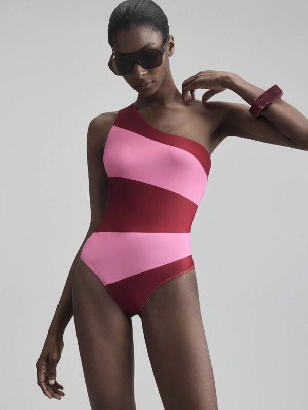 Ontre Traje de baño y conjunto de playa de una pieza con estampado de rayas y un solo hombro asimétrico, estilo de festival de música, graduación y vacaciones en la playa, para mujer, Primavera/Verano 2026