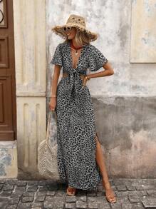 Brillora 女式编织豹纹腰部镂空短袖修身连衣裙 - 黑與白 - 查看 5