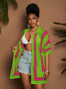 Maweii 大码女式条纹镂空宽松休闲半袖针织开衫，黑白配色 - 彩色 - 查看 1