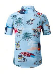 Genlund Men's Casual Vacation Tropical Dog Print Short Sleeve Shirt - Baby Blue - View 2