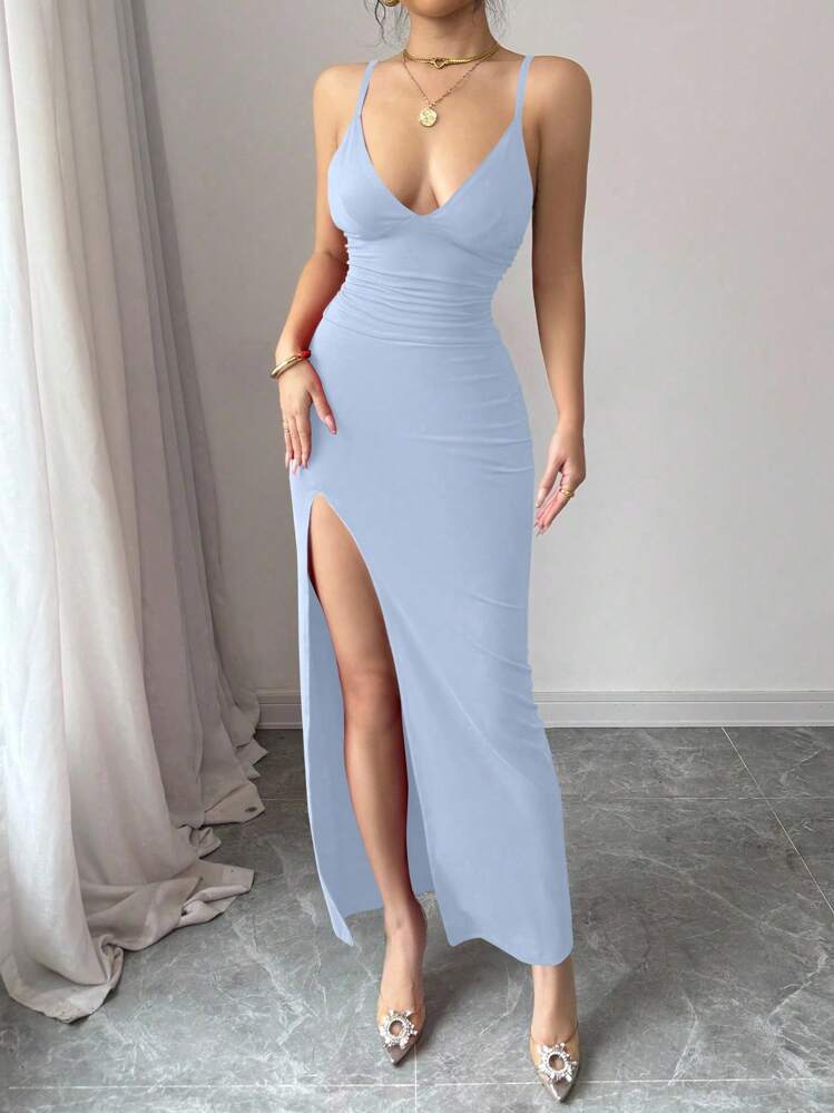 INAWLY Vestido de verano elegante y sexy de mujer con abertura alta y drapeado, rojo - Azul - Añade 6