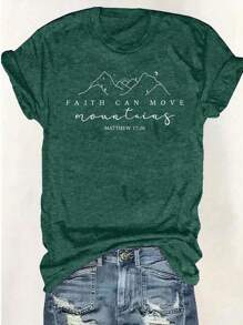 INAWLY Plus Size Women's Letter Mountain Print Round Neck Short Sleeve Casual T-Shirt - Green - View 1