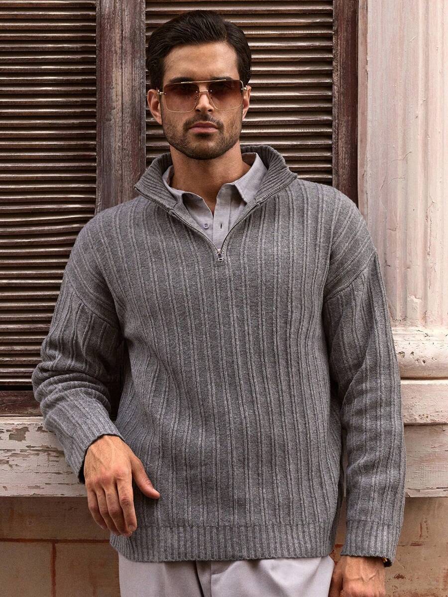 Manfinity VCAY Men's Grey Quarter Zip Sweater,Loose Fit High Neck Ribbed Knit Pullover For Autumn,Smart Casual Date Night Cashmere Soft Solid Color Men's Knitwear - Dark Grey - View 1