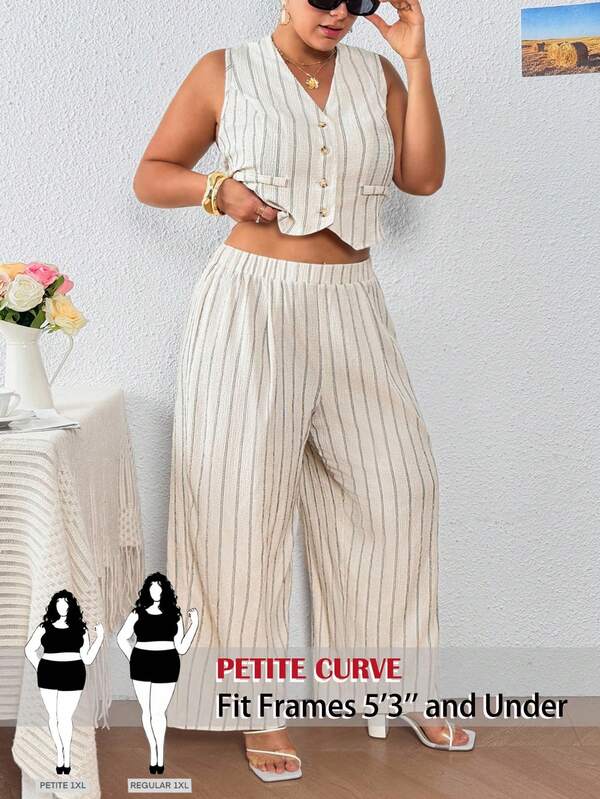 SHEIN PETITE CURVE Plus Size Striped Vest And Pants Suit, Minimalist Fashion Design Suitable For Summer In Fall/Winter