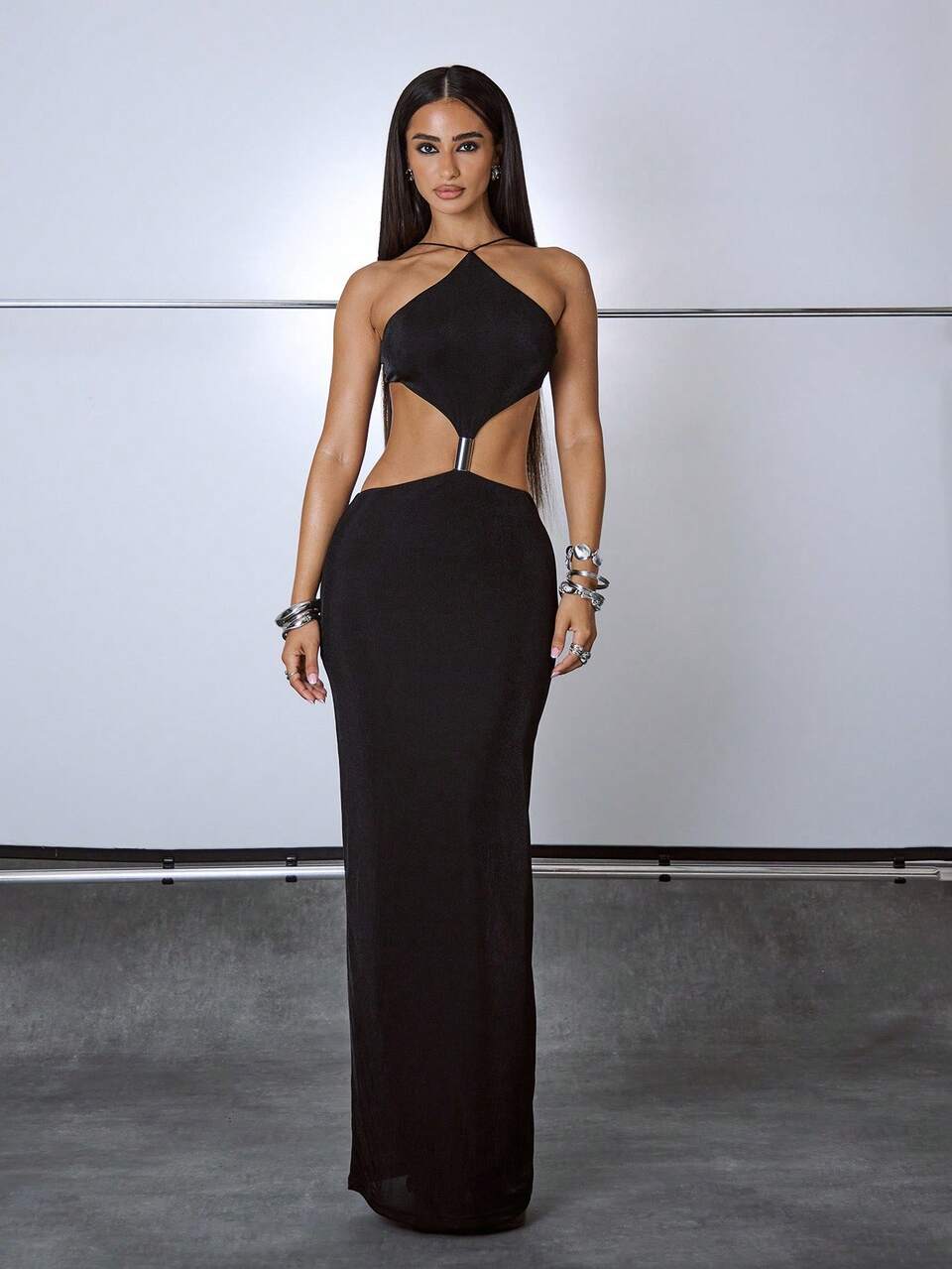 Women's Black Summer Chic Party Night Halterneck Waist Cut Out Detail Maxi Dress,Y2K Ibiza Festival Rave Outfit Birthday Clubwear