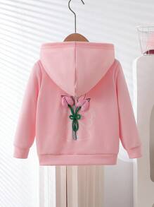 女童休闲粉色郁金香刺绣拉链连帽夹克，秋季 - 粉色 - 查看 2