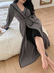 Dazy Plus Plus Size Women Loose Contrast Trim Hooded Cinched Waist Robe, Casual Sleepwear, For Fall & Winter, Cozy Outfit - Grey - View 6