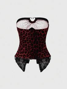 ROMWE Grunge Punk Y2K Gyaru 时尚女式豹纹蕾丝下摆短款抹胸 - 紅色 - 查看 2