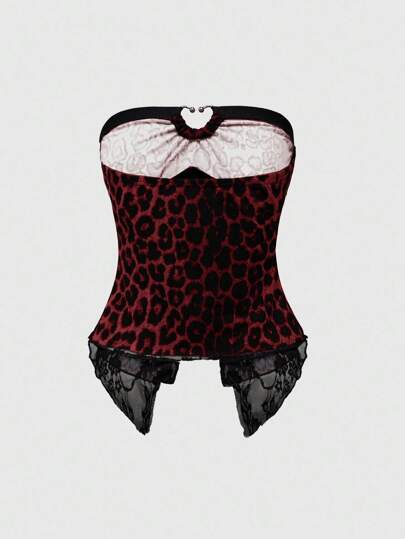 Grunge Punk Y2K Gyaru Stylish Women Leopard Print Lace Hem Crop Tube Top