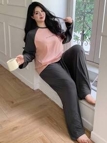 Dazy Plus Set di abbigliamento casual oversize con stampa di lettere, maniche a raglan larghe e patchwork a contrasto, adatto per l'autunno e l'inverno