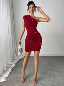 Firerie Váy ngắn ôm sát đính hạt thanh lịch dành cho nữ, mùa hè - Màu Đỏ Sâu - Xem 6