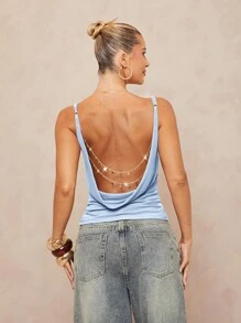 Lumalex Top de mujer con escote pronunciado, espalda descubierta y decoración de cadena metálica en la cintura