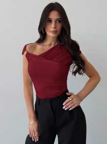 Firerie 女式不对称肩部褶皱腰部紧身 T 恤，优雅朴素的设计，适合日常通勤、春夏、海滩、机场、度假、教师 - 酒紅色 - 查看 3