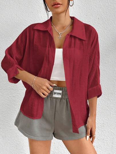 SHEIN PETITE Red Blouse Women Baggy Shirts For Women Solid Color Tops