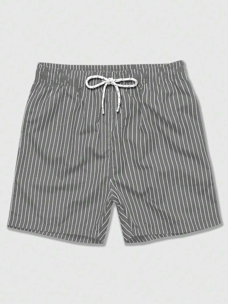 ROMWE MEN Street Life 条纹印花打结休闲短裤，夏季 - 灰色 - 查看 1