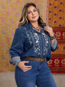 EMERY ROSE Plus Size Women Casual Embroidered Denim Blouse Fall Cloth For Women - Dark Wash - View 4