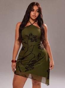 Rustia Green Spaghetti Strap Mesh Floral Print Mini Dress