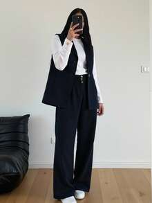 Sparklyn 三件套少女优雅通勤套装：黑色无袖西装外套、白色T恤、黑色长裤，秋冬款